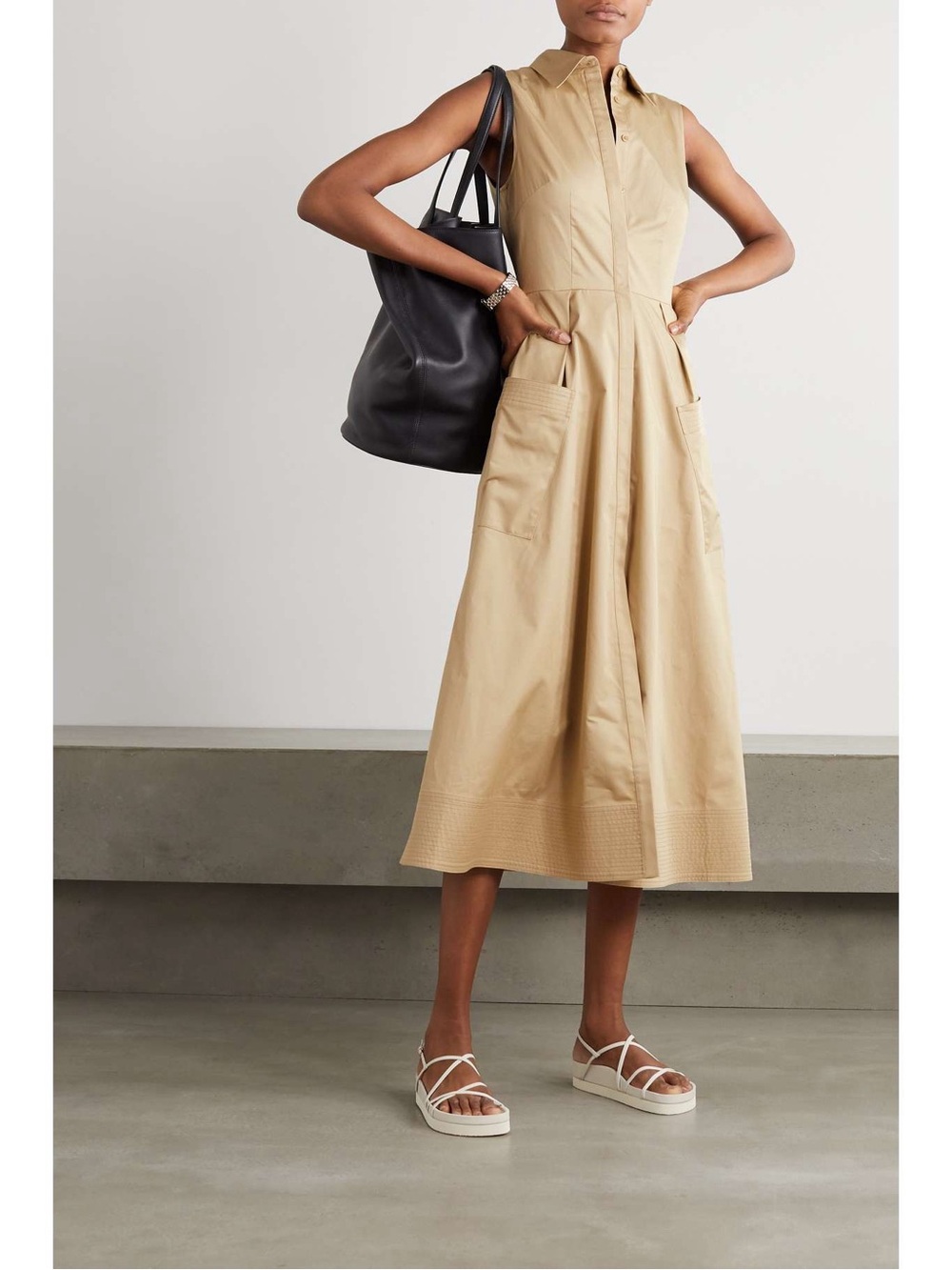 CO Essential Collection Taupe Cotton Poplin Trench Shirt Dress Button Down Sz L
